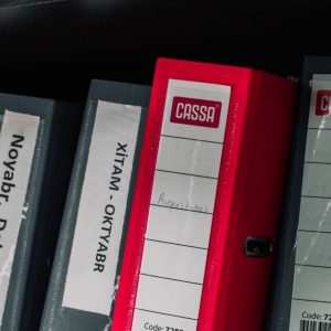 Depolama rafında düzenli bir şekilde düzenlenmiş, etiketler ve çarpıcı kırmızı bir klasör içeren renkli ofis klasörleri.