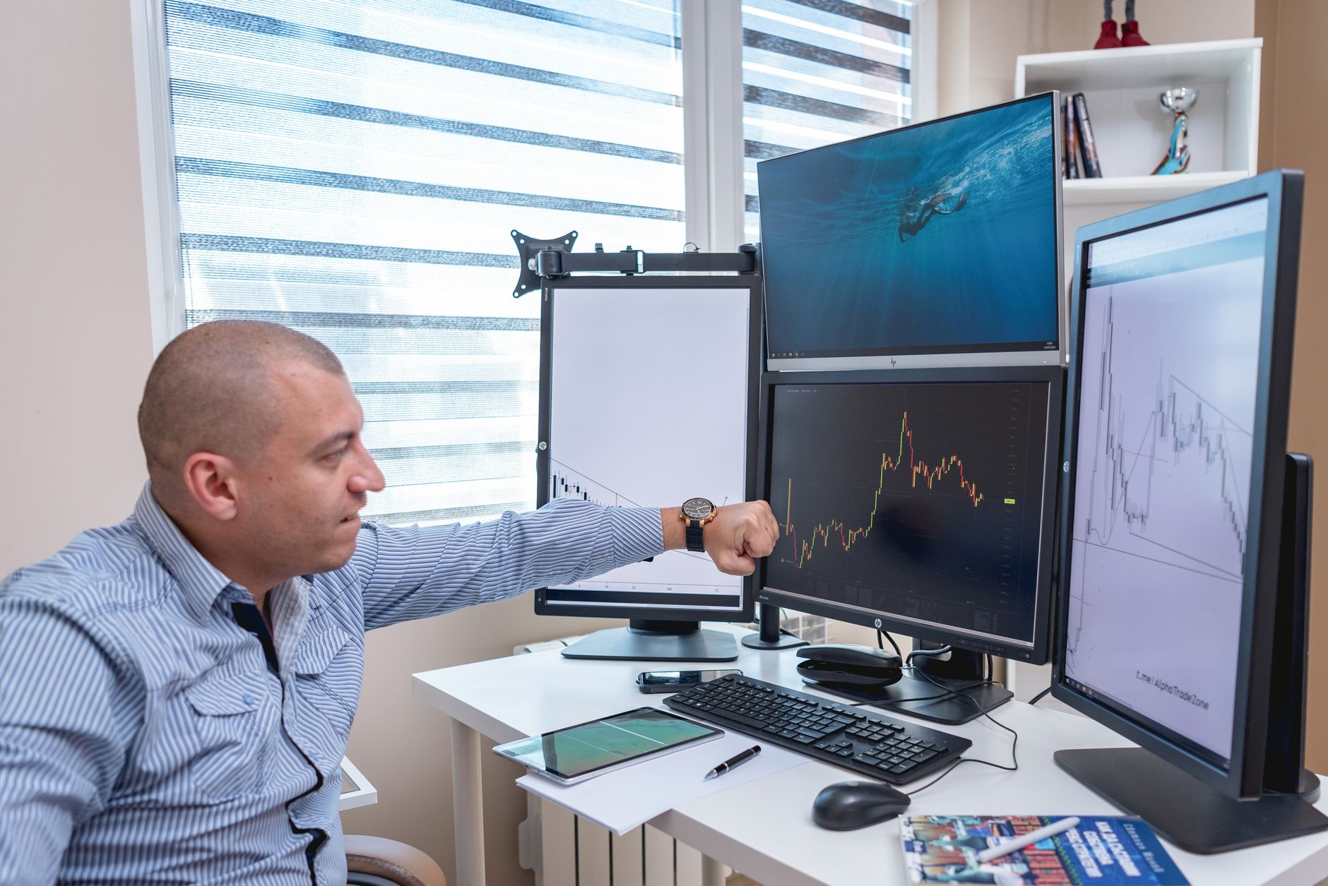 RESİM ANALİZİ EĞİTİMİ Sertifikası 1 A trader analyzing market trends on multiple monitors at an indoor office desk.